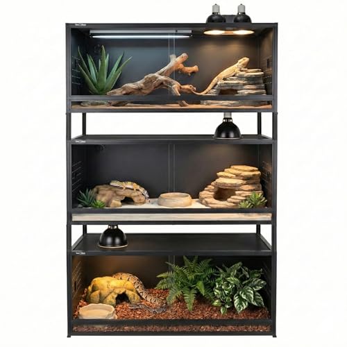 Large PVC Reptile Enclosure 3 Tier 44"x20"x20"with Spacers, 76 Gallon Reptile Terrarium Tank, Space Saving Stackable Reptile Habitat for Bearded Dragon Gecko Snake Lizard, Sliding Glass Doors Lock - size: Three 44x20x20''-76 Gallon with Kit