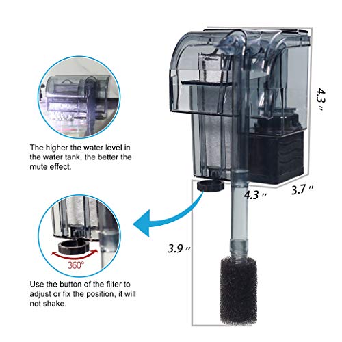 Aquarium Hang On Filter with Activated Carbon | Waterfall flow boosts oxygen, Wall-mounted space saver,5-10 Gal Ideal for small freshwater fish tanks