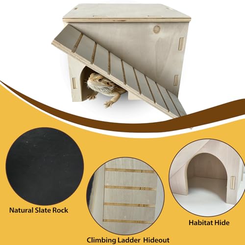 Bearded Dragon Basking Platform Wood Reptile Hide Cave Gecko Hide | Medium,9.1"×7.8"×7.1",Detachable,Installation Instructions,with Slate Rock Mat,for Gecko Chameleon Snake Crested Gecko - size: Medium