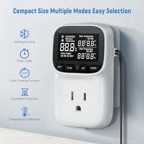 Digital Temperature Controller, Thermostat Outlet with LCD Display | 15A/1800W, Heating & Cooling Mode, -40℉~210℉, 4 Timing Modes, For Greenhouse Incubator Homebrew Reptile Tank