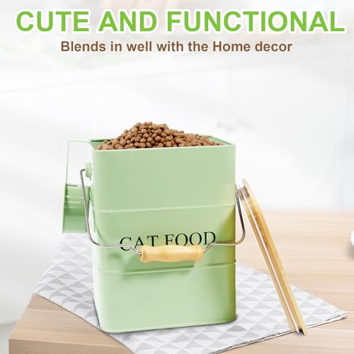 Cat Food storage container Cat Treats Jar,5~6 lb Metal food treats tin for Cat, pet snacks Canisters with wooden lid/handle/sevice scoop-Green - color: Cat-Green