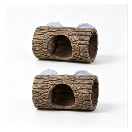 Reddish Brown Tree Hole Reptile Hideout, Resin Hollow Log Tunnel with Suction Cups, Terrarium Hiding & Climbing Decor for Bearded Dragon, Betta, Turtle, Guppy, Salamander(Two Yellowish‑Brown) - color: Two yellowish‑brown