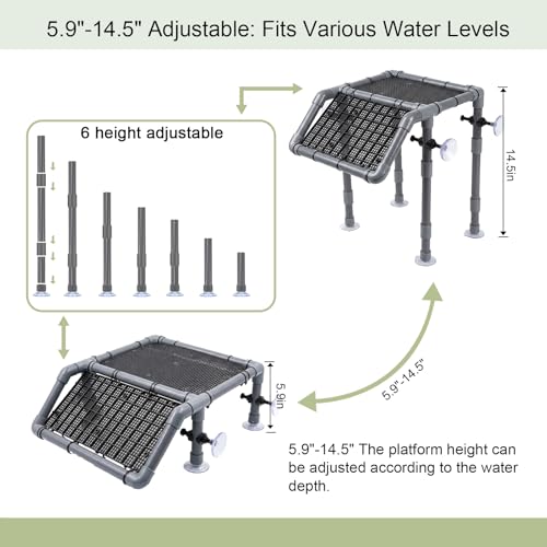 Freestanding Turtle Basking Platform, 13.4" Wide for Tanks | Adjustable Height 5.9-14.5", Fits 40B-120 Gal, Screw-Fixed Suction Cups, Grass Mat, Feeding Bowl & Brush, - size: 13.4'' W
