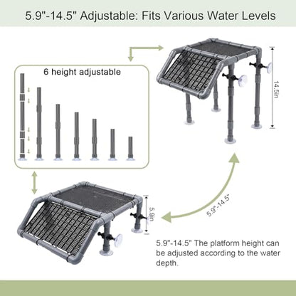 Freestanding Turtle Basking Platform, 13.4" Wide for Tanks | Adjustable Height 5.9-14.5", Fits 40B-120 Gal, Screw-Fixed Suction Cups, Grass Mat, Feeding Bowl & Brush, - size: 13.4'' W
