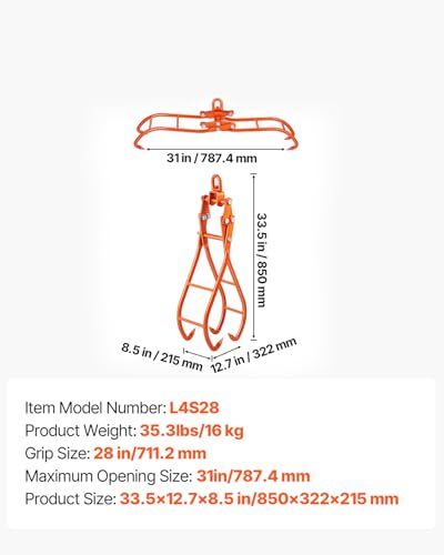 VEVOR Timber Claw Hook, 28 inch 4 Claw Log Grapple Logging Tongs, Swivel Steel Log Lifting Tongs 31" Max Opening, Eagle Claws with 2205LBS/1000kg Loading Capacity for Tractors, ATVs, Trucks, Forklifts - style: 28in-Swivel