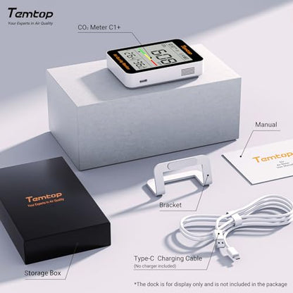 Temtop C1+ Smart Indoor Thermometer Hygrometer with Bluetooth and APP | Portable CO2 Meter with Digital Room Temperature Humidity Monitor, Real-Time Data Sync for Home, Office, Baby Nursery, School - size: C1Plus-Temp/Humidity/CO2/AQI