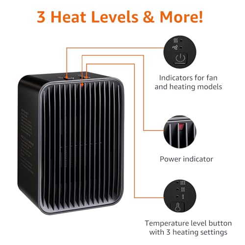Amazon Basics Portable Ceramic Space Heater, Small Electric Heater for Indoor Use With 3 Heat Settings, Temperature Control, Lightweight (1.7 LBS), 520 w, Black, 5.1"L x 3.5"W x 7"H