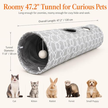 Geometric Straight Cat Tunnel with Plush Inside,Cats Toys Collapsible Tunnel Tube with Balls, for Rabbits, Kittens, Ferrets,Puppy,Diameter 11.8 Inch - size: Extra Large Straight Tunnel