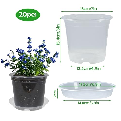 20 Pack 7 Inch Nursery Pots with Drainage and 20 Pack Plant Saucers, Plant Pots for Plants Transparent Flower Potting Containers for Plants Clear Seeding Starter Pot (Clear, 7 Inch) - size: 7 Inch