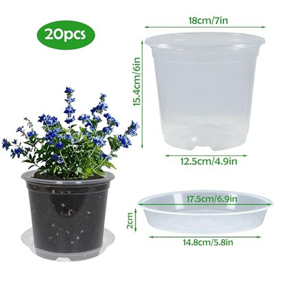 20 Pack 7 Inch Nursery Pots with Drainage and 20 Pack Plant Saucers, Plant Pots for Plants Transparent Flower Potting Containers for Plants Clear Seeding Starter Pot (Clear, 7 Inch) - size: 7 Inch