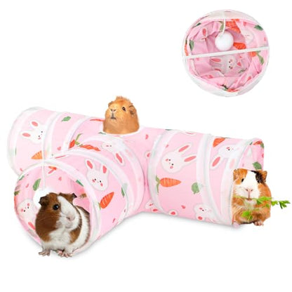 YUEPET Guinea Pig Tunnel, Guinea Pig Toys, 3-Way Play Tunnel Hideout, Pink | Guinea Pig Play Tubes, Collapsible Design, Hanging Play Ball, Folds for Storage, for Bunny Chinchilla Ferret Hamster - color: Pink