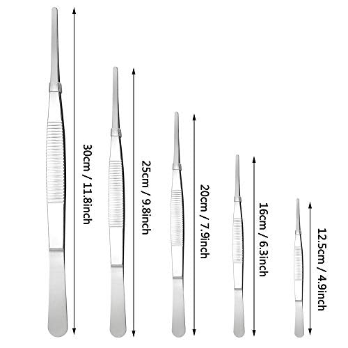 5-Piece Tweezer Set Long Metal Tongs Serrated Forceps - FEITA Stainless Steel Aquarium Plant Tweezers Kit Lab Terrarium Tools
