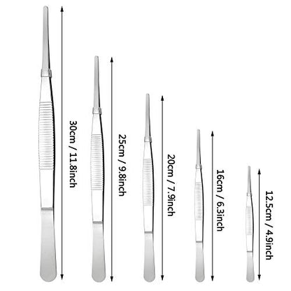 5-Piece Tweezer Set Long Metal Tongs Serrated Forceps - FEITA Stainless Steel Aquarium Plant Tweezers Kit Lab Terrarium Tools