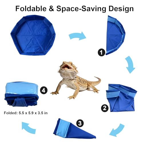 Bearded Dragon Tank Accessories Pool with Water Fountain Flow Control Valve | Foldable reptile bath pool and water fountain with 26-hole rain shower, quiet 5V pump.for bearded dragons, lizards, turtles