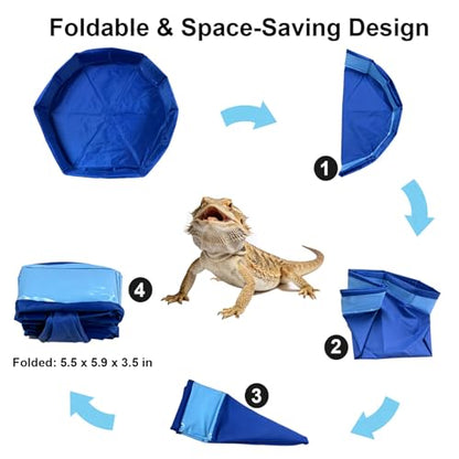 Bearded Dragon Tank Accessories Pool with Water Fountain Flow Control Valve | Foldable reptile bath pool and water fountain with 26-hole rain shower, quiet 5V pump.for bearded dragons, lizards, turtles