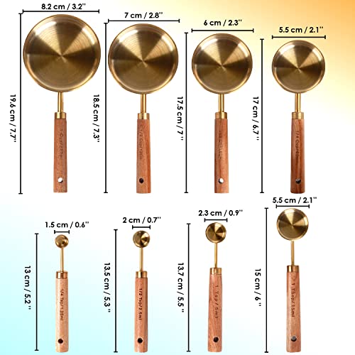 Collection 8 Piece Gold Measuring Cups Set and Measuring Spoons, Golden With fragrant wood Handles-Complete Set of Measure Cups and Spoons For Cooking and Baking.… - color: Gold