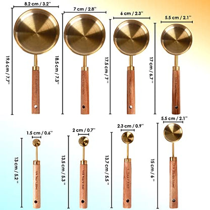 Collection 8 Piece Gold Measuring Cups Set and Measuring Spoons, Golden With fragrant wood Handles-Complete Set of Measure Cups and Spoons For Cooking and Baking.… - color: Gold