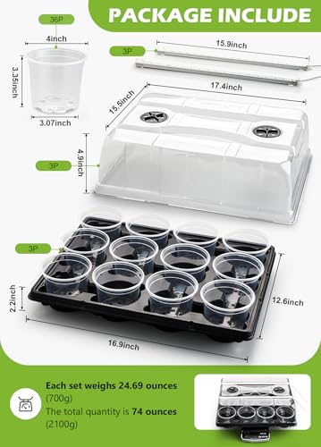 36 Pack 4 Inch Clear Plant Pots & 3 Pack 12 Cell Nursery Pot Trays with Humidity Dome and Growing Lights for Seed Starting, Germination, Seedling Propagation Plant Growing, Sturdy Gardening Kit 3 Sets - color: Black + Clear, size: 4 Inch 36 Pack Pots & 3