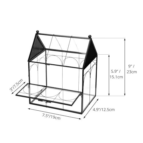 NCYP Glass Enclosure with Vent Holes for Jumping Spiders, Praying Mantis, Small Insect - 7.5" x 4.9" x 9" Front Opening Door Vented Glass Terrarium - House Shape, Home Decor, Black (Terrarium Only) - size: 7.5" x 4.9" x 9"