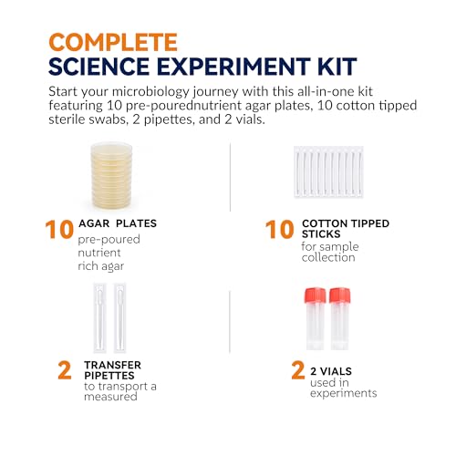 9cm Nutrient Agar Petri Dishes, Triple Vacuum Sealed, 10 PCS | Pre-Poured lab kit includes 10 sterile swabs, 2 pipettes & 2 vials, perfect for science and educational use - color: Nutrient Agar Petri Dishes