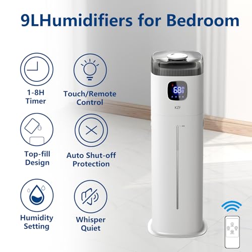 KZF Large Humidifier for Bedroom, 9L/2.5Gallon Ultrasonic Cool Mist Humidifier with Humidistat, 360°Nozzle, 350ML/H Big Mist Level, Suitable for Kids Room Livingroom Yoga Office Plant，White - color: White