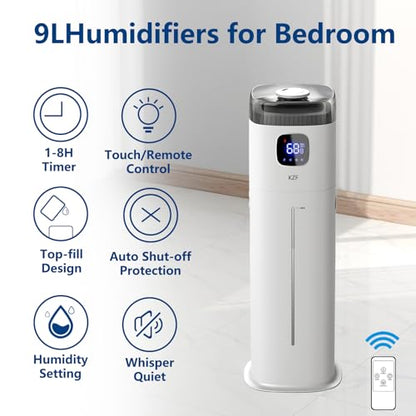 KZF Large Humidifier for Bedroom, 9L/2.5Gallon Ultrasonic Cool Mist Humidifier with Humidistat, 360°Nozzle, 350ML/H Big Mist Level, Suitable for Kids Room Livingroom Yoga Office Plant，White - color: White