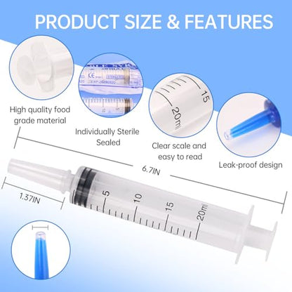 10 Pack 20ml Syringes Without Needle, Sterile & Individually Sealed, Large Plastic Syringes for Liquid, Precise Measuring for Pet Feeding, Scientific Labs & Dispensing - size: 20ml