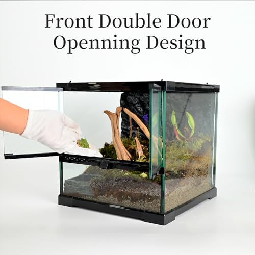 Reptile Glass Tank 12"*12"*12" Terrarium Habitat with Double Hinge Door and Top Screen Ventilation for Bearded Dragon,Lizard,Leopard Gecko,Snake,Hermit Crab with Carpet and Hygrothermograph - size: 12x12x12inch