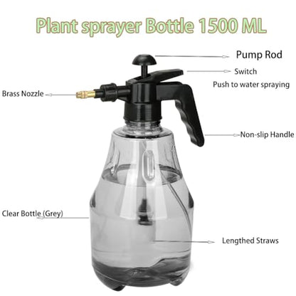2 Pack Handheld Pump Sprayer, Garden Pressure Water Spray Bottle | Spraying Bottle with Adjustable Brass Noozle for Houseplant Watering, Lawn Care, Household Cleaning & Patio Maintenance - color: 1.5L-Grey-2PCS