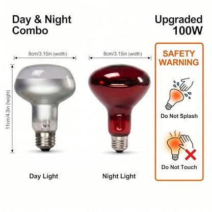 2Pack 100W Reptile Heat Lamp, Day & Night Basking Lamp Combo | UVA Daylight Heat Bulb & Infrared Red Night Heating Light, Terrarium Heat Lamps for Reptiles, Bearded Dragon, Lizard, Chicken