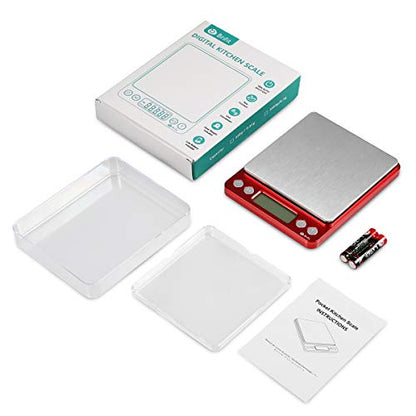Digital Kitchen Scale, 3000g Pocket Cooking Scale with 0.1g Accuracy, Mini Food Scale, Pro Electronic Jewelry Scale with Back-Lit LCD Display, Tare & PCS Functions (Red, Batteries Included) - color: Red