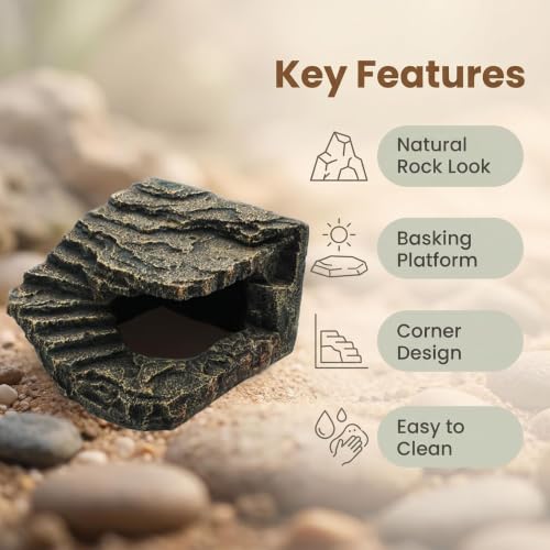 XL Resin Reptile Cave Hideout and Rock Basking Platform | Terrarium & Aquarium, For Reptiles & Amphibians, Natural Rock Texture, Hideout & Basking Spot, Fish Tank Compatible