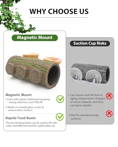 2 in 1 Magnetic Crested Gecko Hide, Reptile Hideout & Water Dish Food Bowl, Resin Hollow Log Cave, Reptile & Amphibian Habitat Hideouts