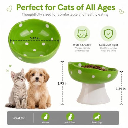 Green Mushroom Cat Bowl, Elevated Ceramic Bowl for Cats | Elevated, Ceramic, Whisker Friendly, Wide Opening, Anti Vomiting - color: Green