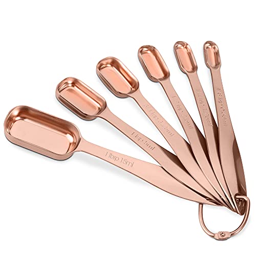 6-Piece 18/8 Stainless Steel Measuring Spoons Set, Rose Gold | Six Engraved US and Metric Sizes From 1/8 TSP to 1 Tbsp Fit Narrow Spice Jars and Stay Together On an O-shaped Ring - color: Rose Gold, size: 6 Piece
