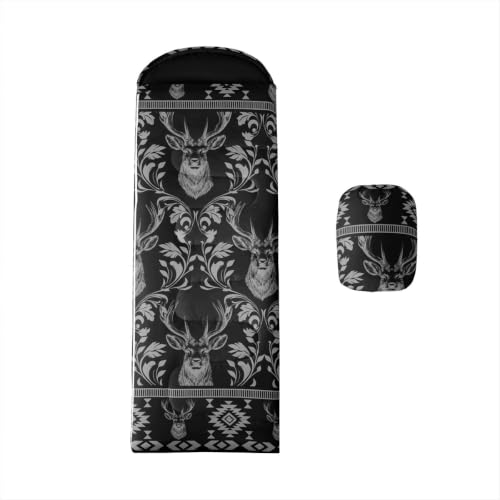 Erosebridal Longhorn Cow Skull Sleeping Bag for Kids Goth Witchy Damask Camping Blanket for Hiking Travel Hunting Sleep Bag - color: Black Rustic Deer