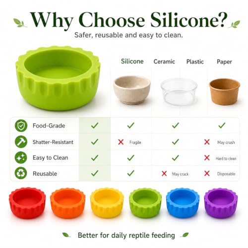 Meow&Woof Reusable Silicone Reptile Feeding Cups – Bearded Dragon Water Bowl & Crested Gecko Food Dish, Habitat Tank Starter Kit Accessories for Turtle, Snake, Hermit Crab- 6 Pcs - color: 6pcs