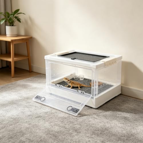 Foldable Reptile Glass Terrarium Tank, Pet Enclosure with Ventilation Mesh | Clear Small Space-Saving Desktop Habitat Carrier with Safety Latchesfor Bearded Dragon, Geckos, Snakes - color: White
