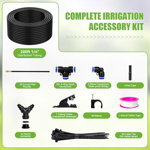 200FT 360° Adjustable Drip Irrigation Kit System for Garden Sprinklers for Yard Garden Watering System with 32 Nozzles Raised Bed Greenhouse Plant Watering Devices Misting System - size: 200FT + 32pcs nozzles