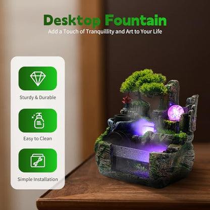 Indoor Rockery Fountain Goldfish Tabetop Waterfall with Atomizer & LED Light,Feng Shui Desktop Water Fountain Decoration,Perfect for Office, Home, Bedroom Desk