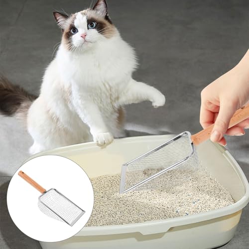 Hemobllo Mesh Cat Litter Scoop with Wood Handle, Stainless Steel Reptile Waste Shovel, 5x5mm Sifter for Cat and Small Pet Litter Cleaning