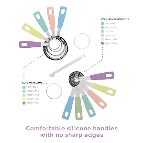Measuring Cups and Measuring Spoons Set of 14 - Stainless Steel Measuring Cups and Spoons Set, Includes 1/8 Teaspoon Measuring Spoon, 1/8 Cup Measuring Cup, Leveler Dry (14,Cotton Candy) - color: Cotton Candy