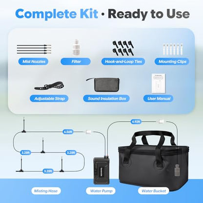 Portable Misting System, 12,000mAh Pump | 20L Water Bucket, Misting Hose, 4 Brass Nozzles, Outdoor Cooling Misters for Canopy Camping Golf Cart Dugout - size: with Hanging Mister