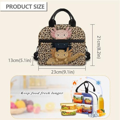Axolotl Lunch Box Kids Leopard Print Lunch Bag Girls Reptiles Insulated Lunch Tote Bag Outdoor Camping Lunchbox Picnic Lunchbag Travel Lunch Boxes Student Lunch Container - color: Axolotl Leopard Print