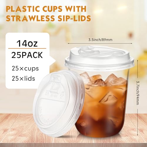 Baderke 25 Sets 14 oz Clear Plastic Cups with Lids,Sturdy Iced Coffee Cups with lids, Disposable Plastic Smoothie Cup for Cold Drinks - size: 14oz