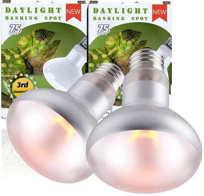 75W 2-Pack Reptile Basking Heat Bulb, UVA Daylight Heat Lamp Bulbs for Bearded Dragons, Turtles, Snakes, Lizards & Amphibians - Provides Infrared Heat Output & Sunlight Simulation Heating Light