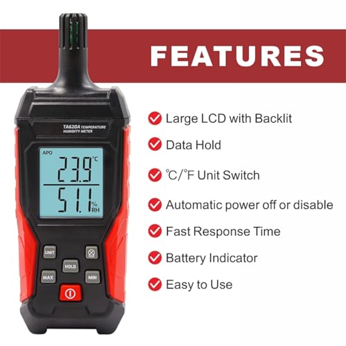 Handheld Hygrometer Temperature Humidity Meter, Digital Thermometer with Humidity Sensor for Indoor Outdoor Measuring - Large LCD Backlit, Data Hold, MIN/MAX