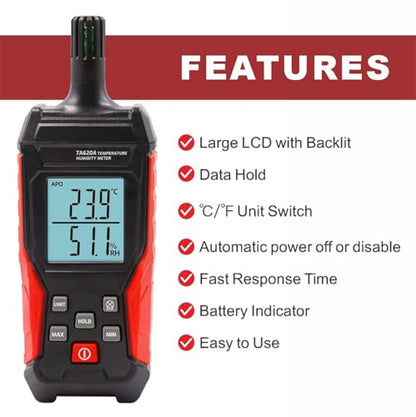 Handheld Hygrometer Temperature Humidity Meter, Digital Thermometer with Humidity Sensor for Indoor Outdoor Measuring - Large LCD Backlit, Data Hold, MIN/MAX