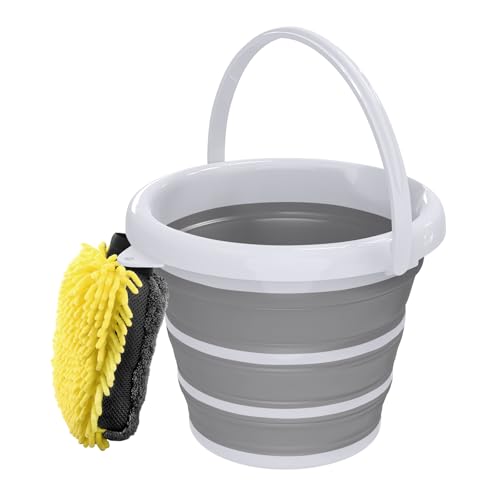 Collapsible Wash Bucket with Microfiber Mitt, 10L (2.6 Gallon) Portable Collapsiblle Buckett with Handle for Car Wash Household Cleaning, Multiuse Collapsibles Water Bucket and Car wash mitt - Grey - color: Gray
