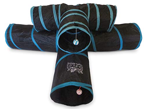Premium 3 Way Cat Tunnel. Extra Large 12 Inch Diameter and Extra Long. A Big Collapsible Play Toy. Wide Pet Tunnel Tube for Other Pets Too! - color: Black/Blue